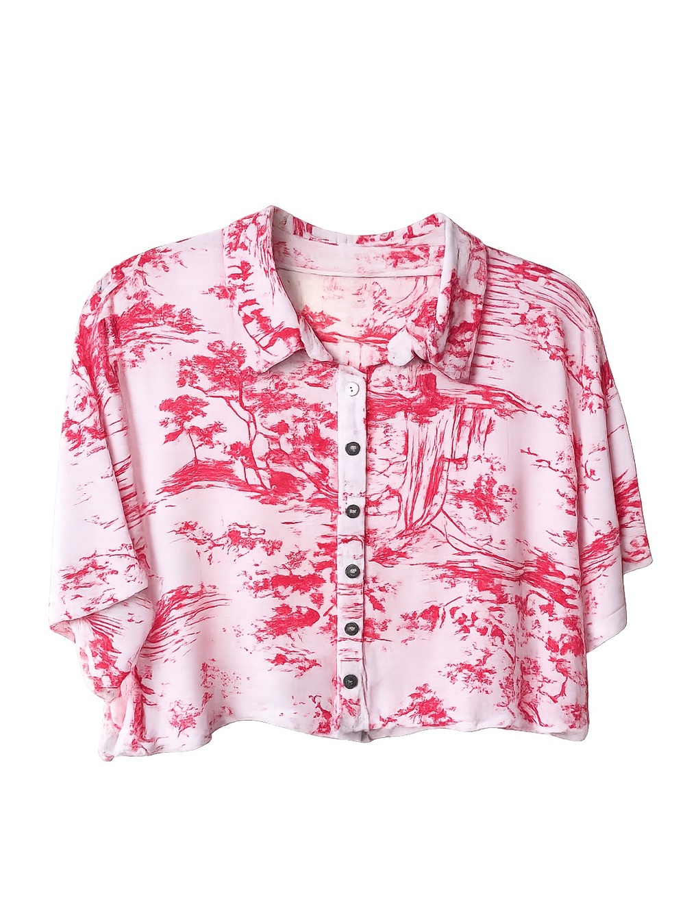 Forever Twenty-one Coral Scenic Print Cropped Button-Up Top
